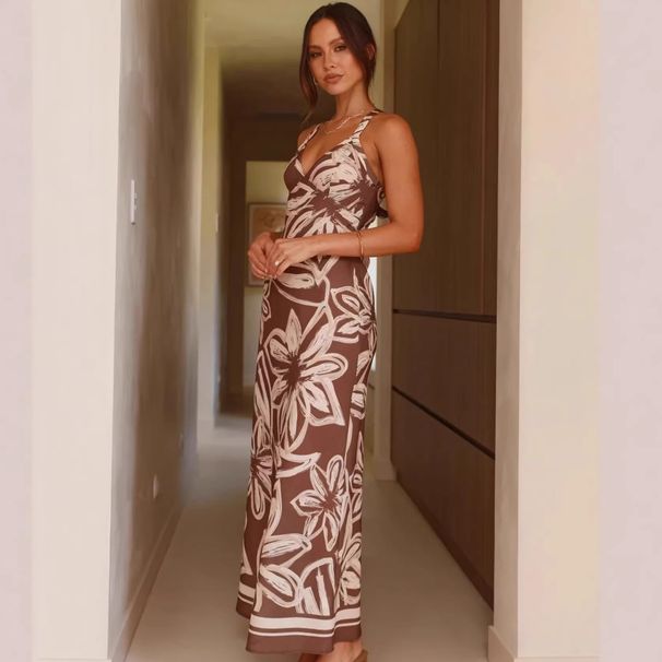 New Sexy Printed Long Dress Style Spring Summer Collection Casual Fashion Backless Tie Up Suspender_ecoleips.com
