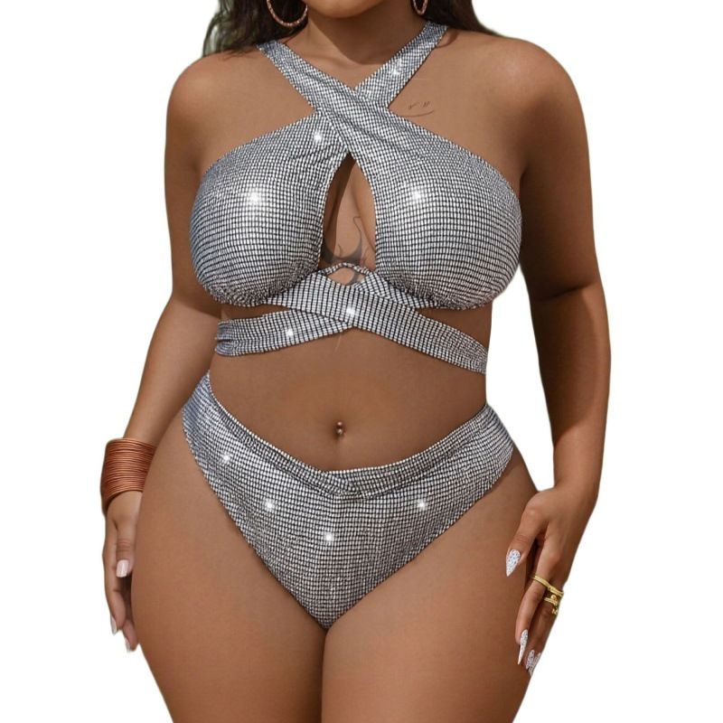 European And American Foreign Trade New Style Plus Size Sexy Bright Color Plaid Cross Chest Bikini Swimsuit T909_ecoleips.com