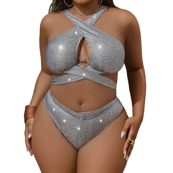 European And American Foreign Trade New Style Plus Size Sexy Bright Color Plaid Cross Chest Bikini Swimsuit T909_ecoleips.com