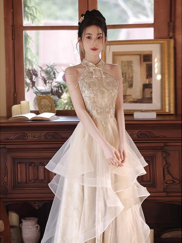 Women's Clothing Champagne Toast Dress Bride Engagement Dress Skirt Female Return Home Wedding Banquet High End Summer Sleeveless Dress_ecoleips.com