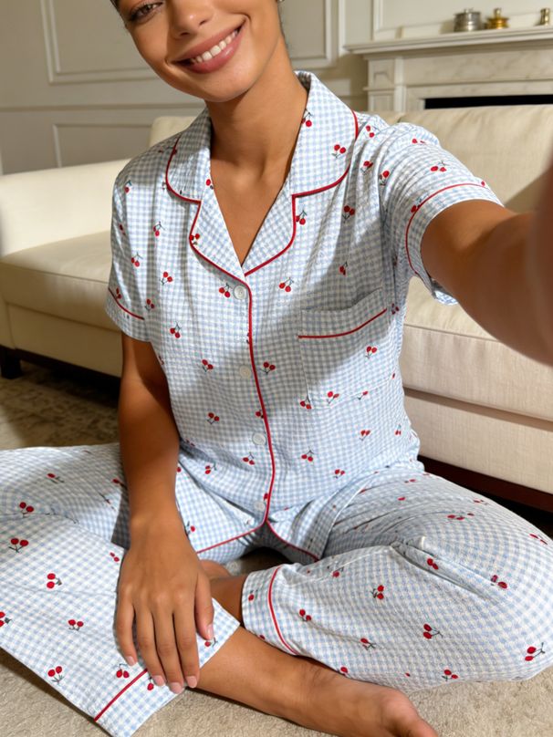 Women Pajamas Button Down Collar Short Sleeve Long Pants 2 Piece Set Spring Summer Cute Cherry Gingham Homewear_ecoleips.com
