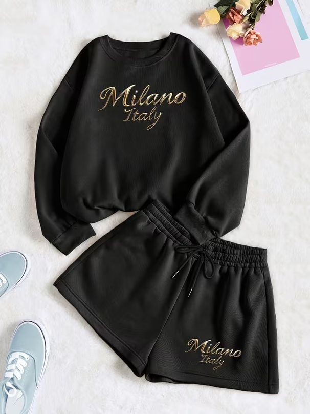 Women's Casual Loose Fit Hoodie Set With Letter Print - Comfortable Sportswear For Everyday Wear (A16 Print)_ecoleips.com