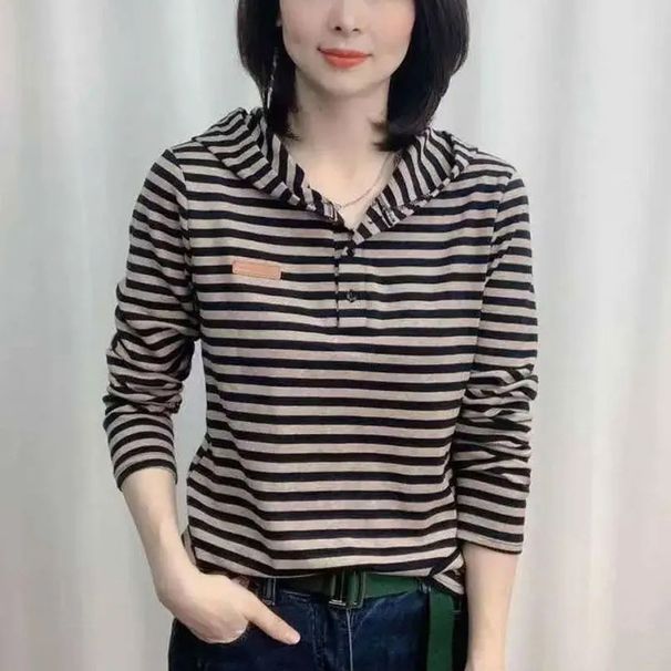 Fashionable Striped Hooded Long-Sleeve T-Shirt, Versatile For Spring And Autumn, Plus-Size Women's Clothing, Slimming, A_ecoleips.com