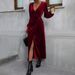 Voya Women's Clothing Temperament Sexy Fashion Wine Red Party Velvet Medium Long Dress_ecoleips.com