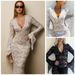 Women's Clothing Sexy Deep V Neck See Through Patchwork Bodycon Dress Women's Lace Patterned Bell Sleeve Pure Alluring Autumn Winter Style_ecoleips.com