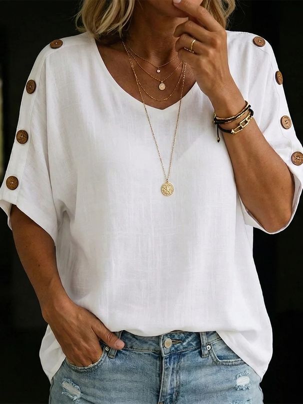 2026 New European And American Style Casual Loose T-Shirt For Women, U-Neck Cotton-Linen Button Top Shirt_ecoleips.com