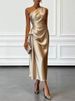 Women Elegant Sleeveless Hight Waist Gowns Fashion Temperament Solid Slim Party Dresses Sexy Slanted Shoulder Draped Long Dress_ecoleips.com