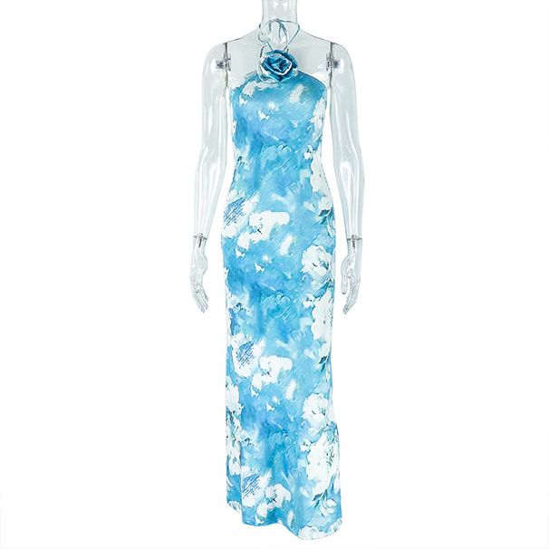 Women's Clothing Elegant Backless Halter Neck Hip Skirt Temperament Blue And White Abstract Print Long Dress_ecoleips.com