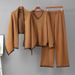 Women's European American Style Knitted Fashion Set with Jacquard Shawl V Neck Sweater And Casual Wide Leg Pants Three Piece Casual Wear_ecoleips.com