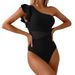 Women's One Piece Swimsuit 2025 Quick Drying Ruffled One Shoulder European American Style Cross Border Huludao Swimwear_ecoleips.com