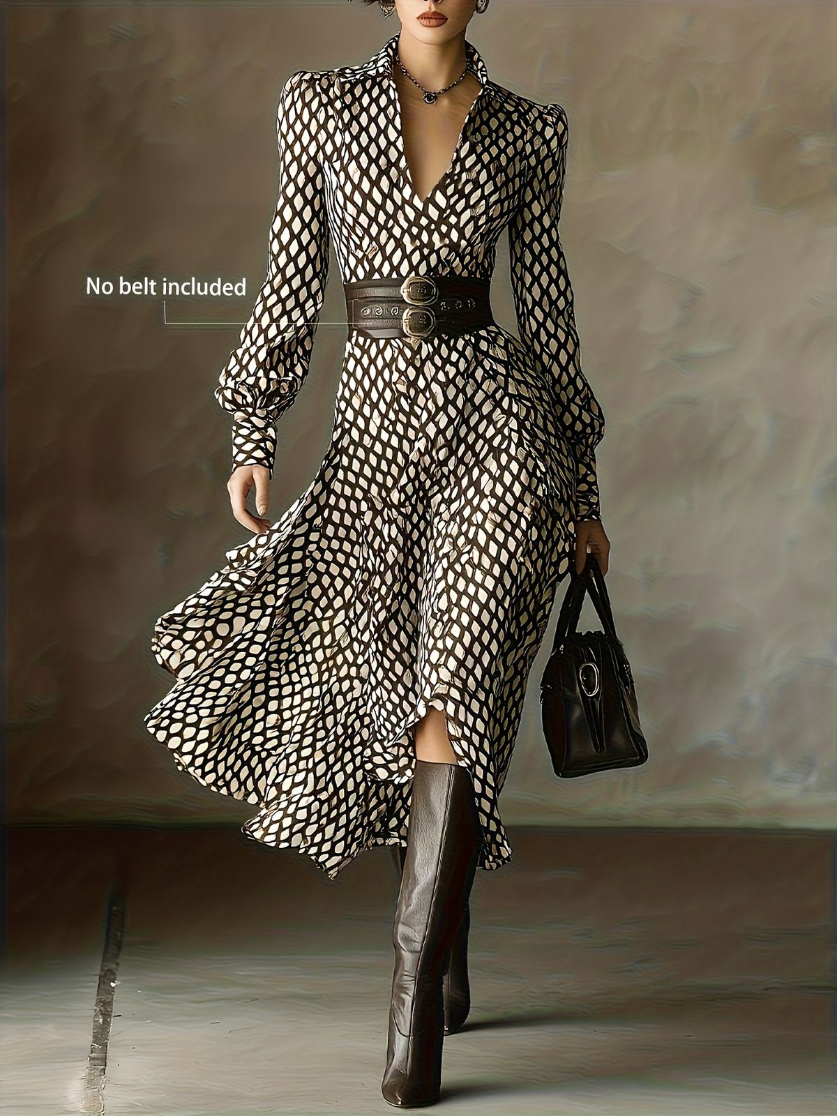 Women's Retro Plaid Print Shirt Dress V Neck Puff Sleeves High Waist Slim Fit A Line Skirt_ecoleips.com
