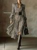Women's Retro Plaid Print Shirt Dress V Neck Puff Sleeves High Waist Slim Fit A Line Skirt_ecoleips.com