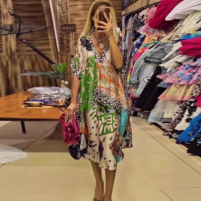 Casual Deep V Dress Leopard Print Colorful Loose Fitting Fashion Women's Clothing Item_ecoleips.com