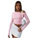 Women's Spring Collection: Plain Color Slant Shoulder Long Sleeve Collared Top With Pleated Design And Navel Exposure_ecoleips.com