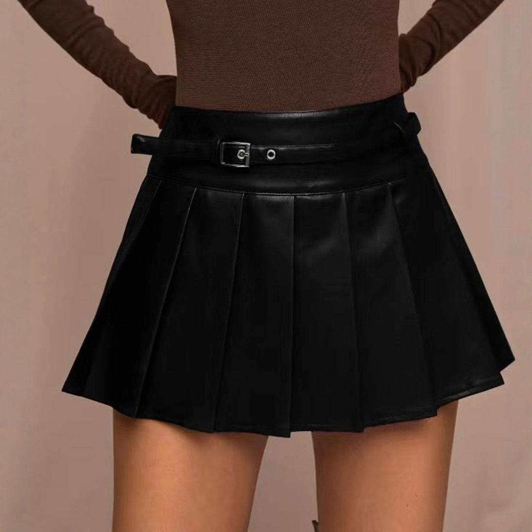High-Waisted Pleated PU Leather Skirt Anti-Exposure Short Skirt Versatile Hot Girl Fashion_ecoleips.com