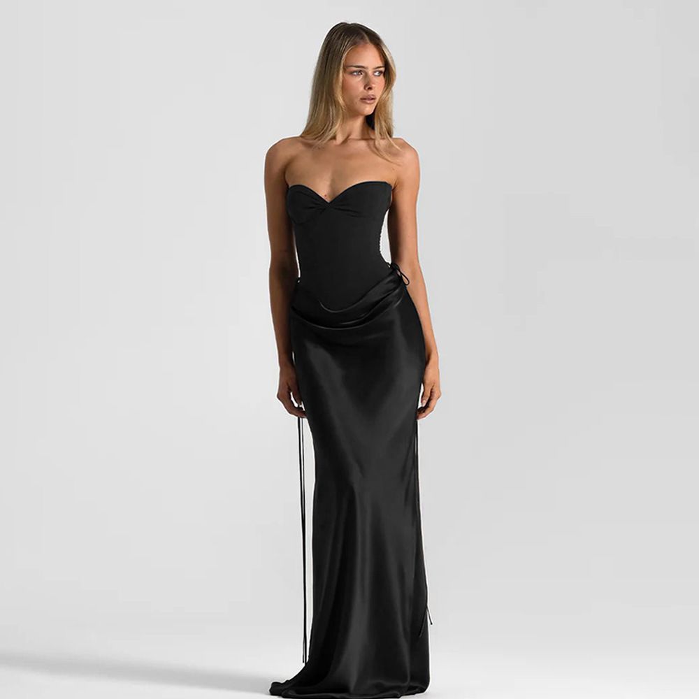 Women's 2 Piece Sexy Solid Color Strapless Belted Ruched Bodycon Maxi Dress Set – Elegant Party Gown_ecoleips.com