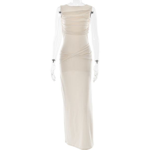 Women's Clothing Round Neck Backless Dress Fashionable Sleeveless Pleated Slit Slim Dress_ecoleips.com