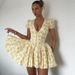 Women's Clothing Sexy Deep V Thin Waist Short Sleeve Medium Pleated Floral Dress_ecoleips.com