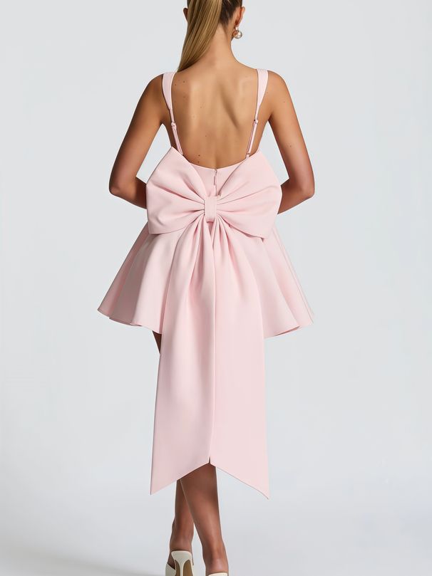Women's Sweet Backless Big Bow Suspender Dress Herringbone Pattern Splicing Short Skirt Spring New Style Casual Mini Dress_ecoleips.com