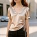 Women's Clothing Women's Satin Slimming Top V Neck Drawstring Waist Spring Summer For Formal & Casual For Women_ecoleips.com