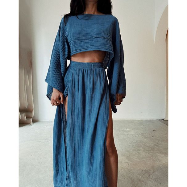 High Waist Chic Slit Cropped Top Women's Casual Cotton-Linen Blend Two Piece Suit For Holiday Spring/Autumn Regular Size_ecoleips.com