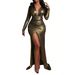 Women's Clothing High-Slit V-Neck Evening Dress – Metallic Knit Bodycon Gown With Long Sleeves (Red/Purple/Gold/Blue, S-XXL, Curve-Hugging)_ecoleips.com