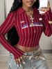 Women's 3D Print V-Neck Blouse Long Sleeve Trendy Top with Sheer Panel Design_ecoleips.com