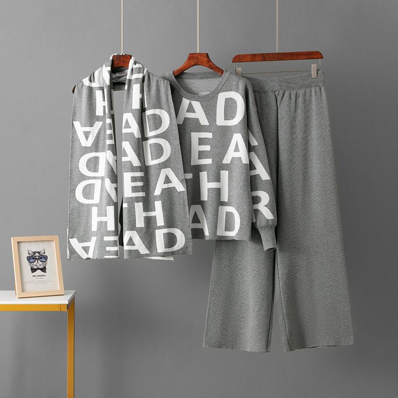 Women's Three Piece Suit Set Temperament Knitted Shawl round Neck Wool Blend Wide Leg Pants Casual Outfit_ecoleips.com
