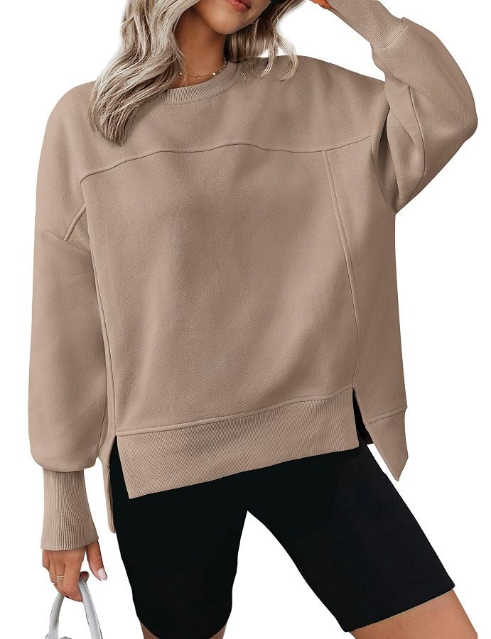 Women's Clothing Oversized Split Hem Crewneck Sweatshirt - Long Sleeve Casual Pullover With Drop Shoulder For Streetwear (Grey, Navy, Khaki, Black)_ecoleips.com