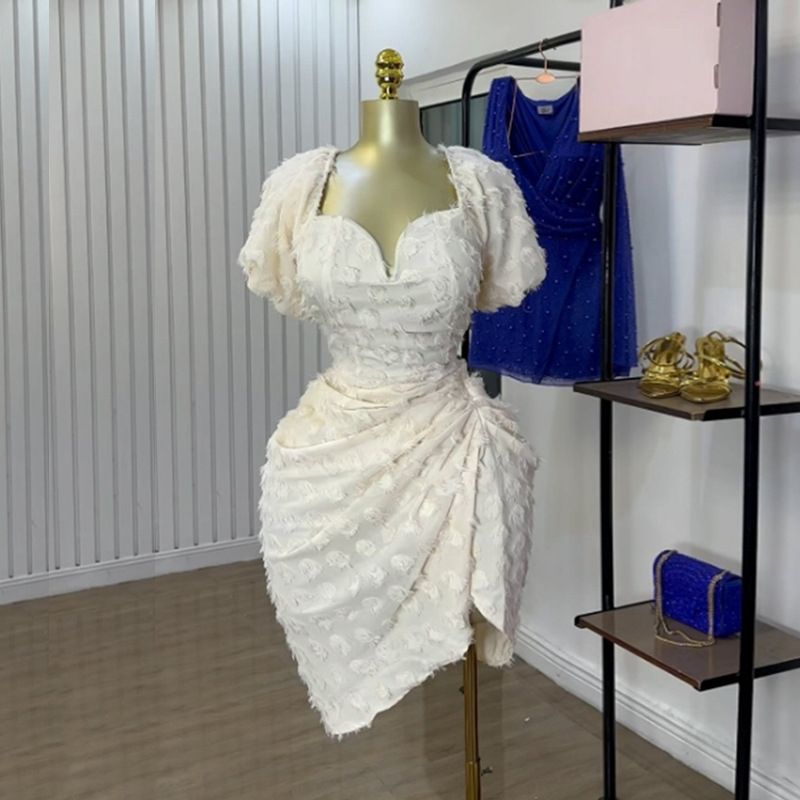 Women's Clothing Autumn And Winter New Temperament V Neck Jacquard Short High Waist Short Sleeved Dress_ecoleips.com
