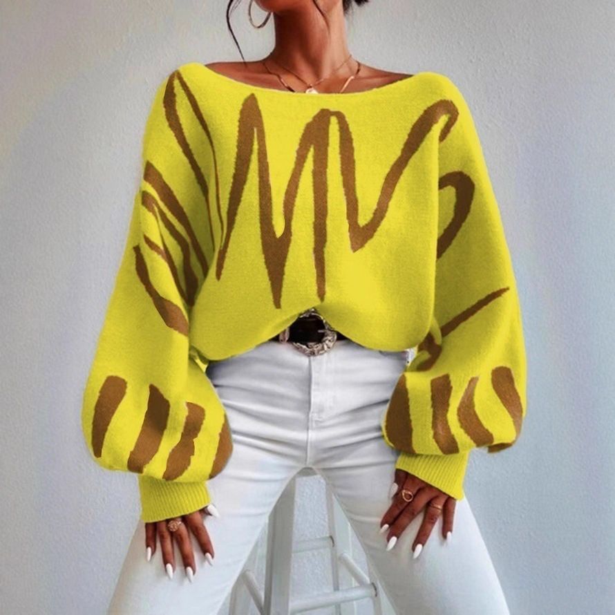 Wave-Pattern Batwing Sweater – Soft & Stylish Knit Top For Women, Geometric Print, Loose Fit, Xs-Xxl (Beige/Coral/Yellow)_ecoleips.com