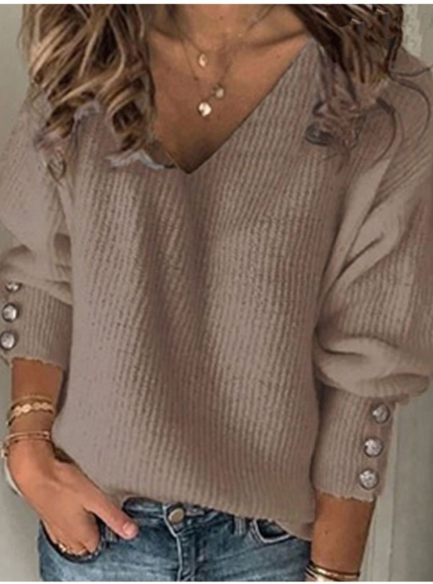 Women's Solid Color Long Sleeve V-Neck Knitwear Sweater Casual American Style Autumn Winter Pullover Clothing_ecoleips.com