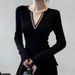 Women's Clothing Retro Black Chain V Neck Knitted Base Layer Top For Women Slimming Long Sleeve Autumn Winter Sexy Fitted Waist T-Shirt_ecoleips.com