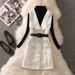 Knit Jumper Dress Set – Tweed Pinafore + Mock Neck Sweater (Black/White, S-2XL)_ecoleips.com