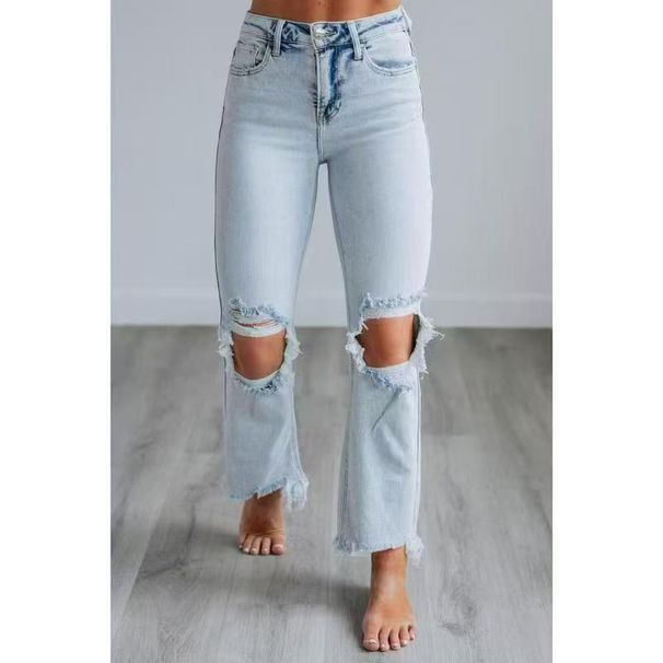 Women's Skinny Cropped Jeans Ripped Spring New Style Fashion High Waist Straight Leg Jeans_ecoleips.com