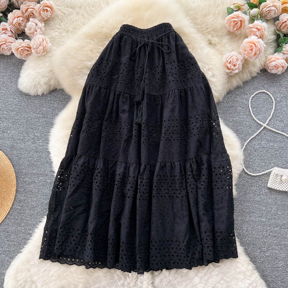 Women's Clothing Lace Embroidery Hook Flower Skirt With High Waist And Slimming Sweet And Versatile Holiday Style Fairy Skirt_ecoleips.com