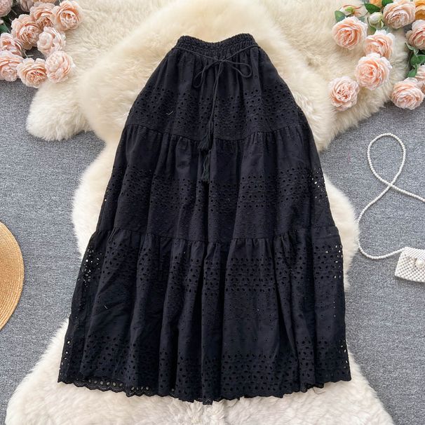 Women's Clothing Lace Embroidery Hook Flower Skirt With High Waist And Slimming Sweet And Versatile Holiday Style Fairy Skirt_ecoleips.com