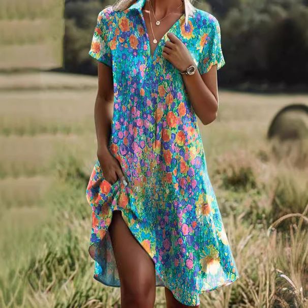 2024 European And American Summer New Women's Round Neck Short Sleeve Long Bohemian Print Dress For Women_ecoleips.com