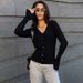 V-Neck Button-Up Cardigan – Ribbed Knit Sweater With Raw Edge & Bell Sleeves (S-L, Khaki/Grey/Black/Red)_ecoleips.com