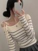 2026 New Women's Elegant Off-Shoulder Sweater T-Shirt Black White Striped With Adjustable Lace-Up Fall Winter Casual Chic Top_ecoleips.com