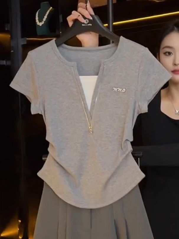 Women's Clothing Gray Slim Fit Splicing Two Piece V Neck Short Sleeved T Shirt Women's Zipper Waist Top_ecoleips.com