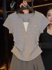 Women's Clothing Gray Slim Fit Splicing Two Piece V Neck Short Sleeved T Shirt Women's Zipper Waist Top_ecoleips.com