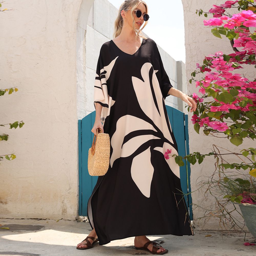 Bohemian Print Batwing Sleeve Cover-Up Dress - Lightweight Beach Kimono For Women, Bikini Wrap, Plus Size Vacation Tunic, Quick-Dry Polyester_ecoleips.com