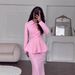 Elegant Long Sleeve Dress Set - Sweetheart Neckline High Waist Midi Dress With Flared Hem (Pink/Black, S-XXL)_ecoleips.com