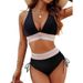 Women's European American Style Two-Piece Swimsuit Sexy Solid Color V-Neck High-Waisted Backless Tight-Fitting Bikini_ecoleips.com