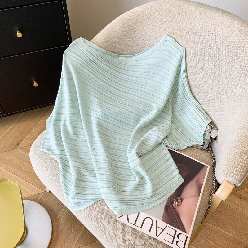 Summer New Style Women's off the Shoulder T-Shirt Batwing Sleeve Ice Silk Knitwear Top Collbone T-Shirt Bulk Order 2026_ecoleips.com