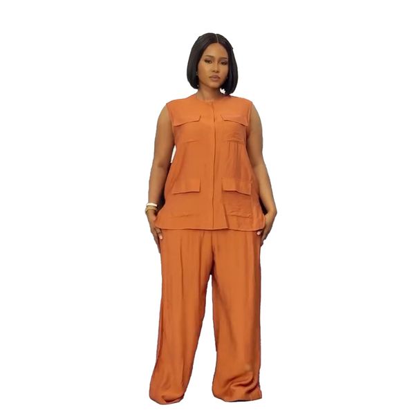 Women's Clothing Commuter Casual Round Neck Tie Sleeveless Cardigan Vest Wide Leg Pants Two Piece Set_ecoleips.com