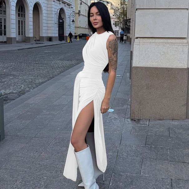 Womn's Fashion 2025 Summr Nw Fashionabl Prsonality Slit Ruchd Slim Fit Round Nck Slvlss Drss_ecoleips.com