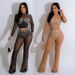 Elegant Mesh & Rhinestone Women's Two-Piece Set | Long Sleeve Top + Wide Leg Pants | Solid Color Stretch Knit (S-XXL) | Korean Fabric_ecoleips.com