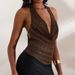 Women's Clothing Shiny Deep V Solid Color Vest Fashion Sexy Perspective Swing Collar Halter Neck Top For Women_ecoleips.com